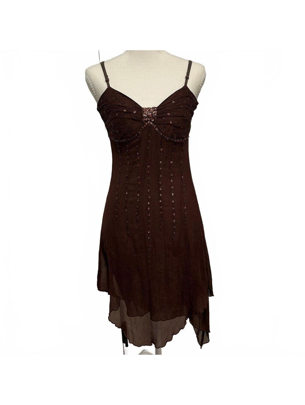 VTG Y2K 00’s Brown Silk Beaded Sequin Asymmetrical Hem Fairy Slip Dress 2